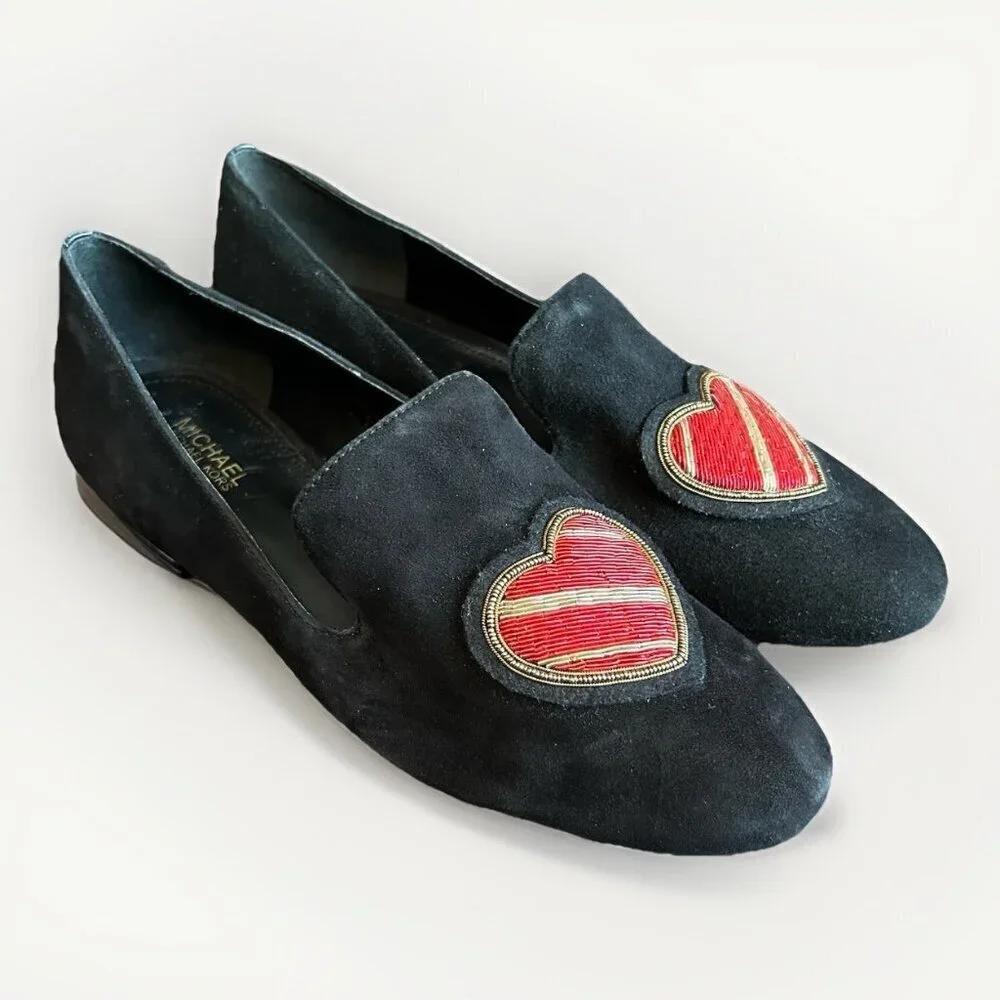 Michael Kors Women's Natasha Loafer Shoes Size 6 M Black Suede Leather Heart EUC